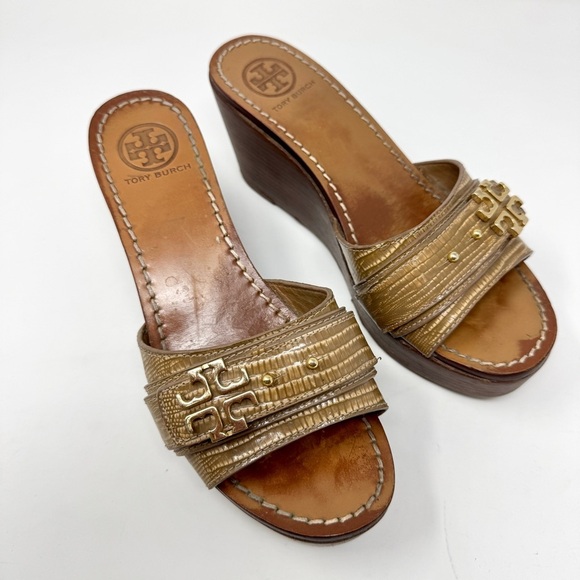 Tory Burch Elina Platform Tan Wedge Sandals - Picture 2 of 11